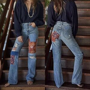 We The Free Blue Patchwork Straight Leg Jeans